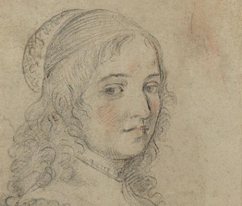 3/4 portrait of a woman turned towad the right with her face toward the viewer. Her hair is down and she wears a high-necked lace-trimmed dress