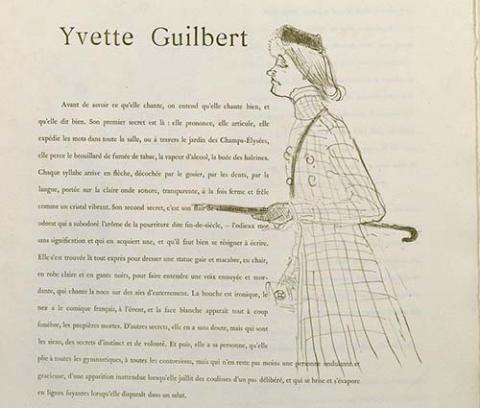 profile of woman wearing plaid coat and cloves, carrying an umbrella. to the left, title text "YVETTE GUILBERT" and smaller body of text written in French underneath