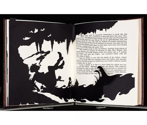 black cut-outs of a tree, a woman sitting underneath it smoking, and children sailing a toy boat on the water; text to the right of the cut-out images