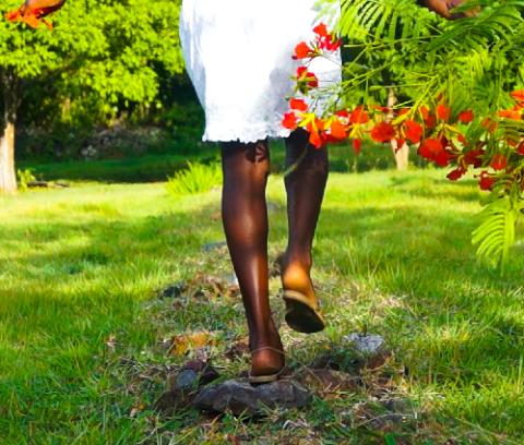 a young Black girl wearing sandals and a white dress holds green branches with bright red flowers; view of her legs and feet walking from behind