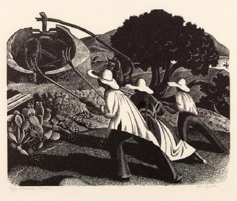 three figures in large floppy hats with farm rakes raised in their hands walk toward a planted area near a large winnower manned by a horse
