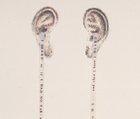 two lithographed ears with collaged ribbon of text covered tissue