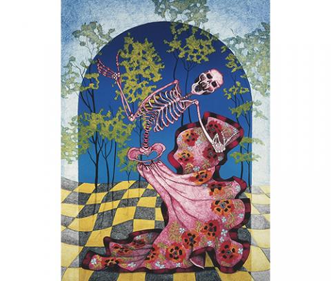 skeleton in a flowered pink skirt dancing on a yellow and black checked floor under an arch with dark blue sky and trees behind