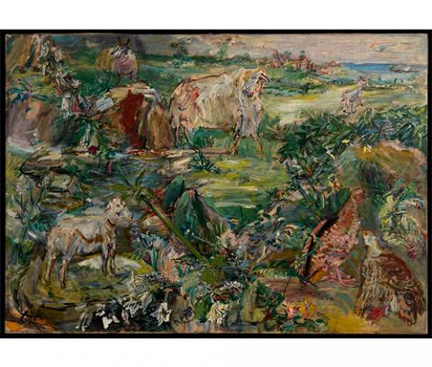 landscape of fields with numerous animals, including pheasant and sheep, rendered with expressive brushstrokes