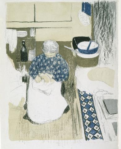 Older woman seated in kitchen interior