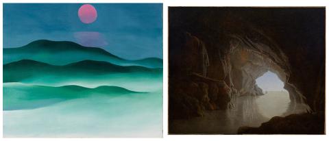 two side by sid painting. the first: exterior; rolling low green hills moving back to a blue hill, dark blue sky and pink moon reflecting on the furthest hill. the second: landscape; water; mountain; outdoor; night