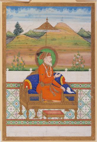 "A portrait of the Mughal Emperor Shah Jahan reclining on his throne above a richly decorated carpet as he looks out over a landscape of rolling green hills"