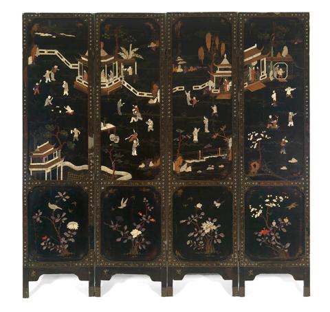 "four panel screen with inlaid scene containing figures, bridge, and water"