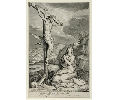 Woman gazing up with hands folded across her chest at Christ on the cross; Mary Magdalena;