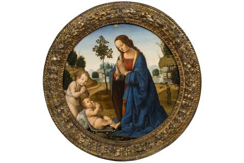 Tondo (round painting) featuring the Virgin and Saint John the Baptist praying over the Christ Child set against a landscape