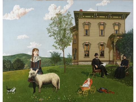 Young girl dressed in black and young sheep in the front. Two figures dressed dressed in black sitting in the shade of a tree in the back.