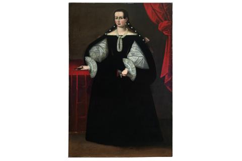 Full-length portrait of a woman in a black dress with white lacy sleeves. She wears ornate pearl jewelry and stands with her right hand placed on a box. A red curtain drapes behind her in the upper right corner.