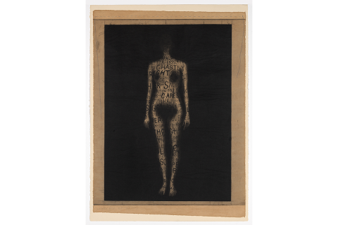 Print of an abstract female figure surrounded by darkness so that her head, hands, and feet are obscured. Partial words are handwritten in different sizes across her body, but only the words “ghastly”, “cares”, “with”, and “hair” are fully legible.