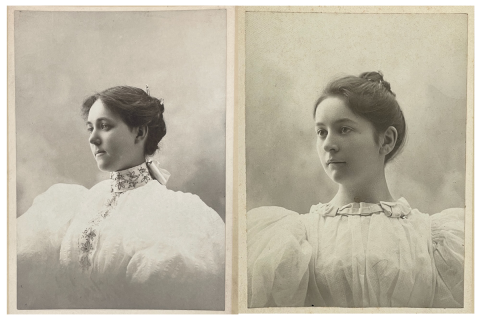 On the left, a portrait photograph of a young woman in three-quarter view wearing a high collar white dress. On the right, a portrait photograph of a young woman facing forward with her head turned at three-quarter angle, also wearing a high collar white dress.
