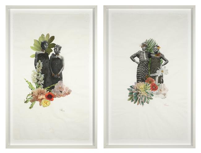 Two artworks side by side with two women in eaach piece, dressed in floral dresses and side by side with a white background