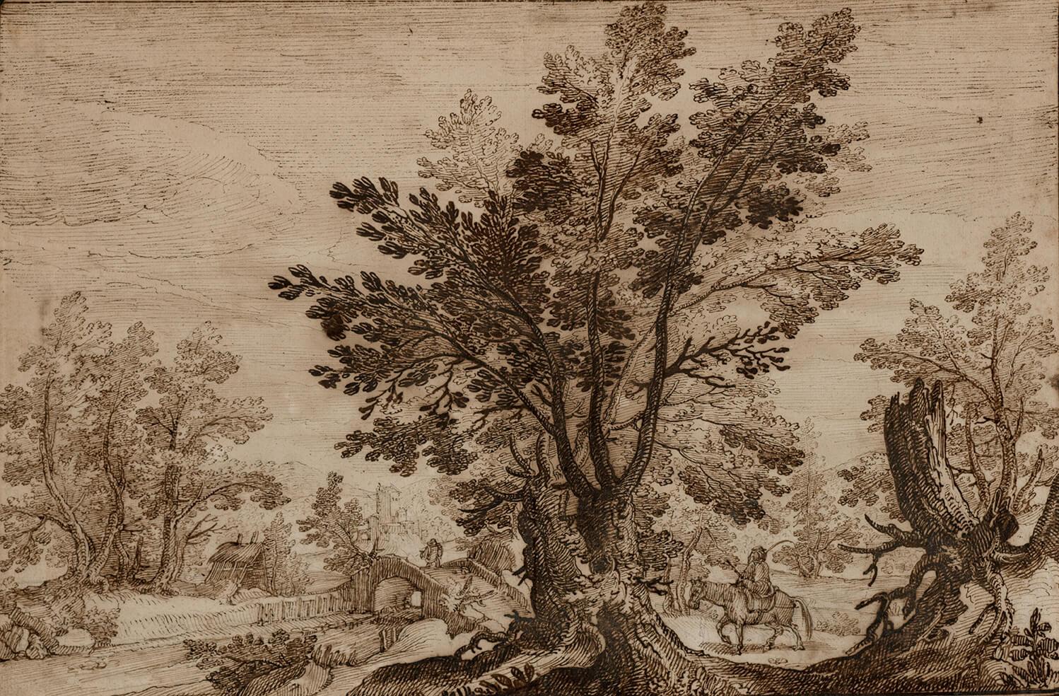 Italian landscape etching in brown ink with big tree in foreground