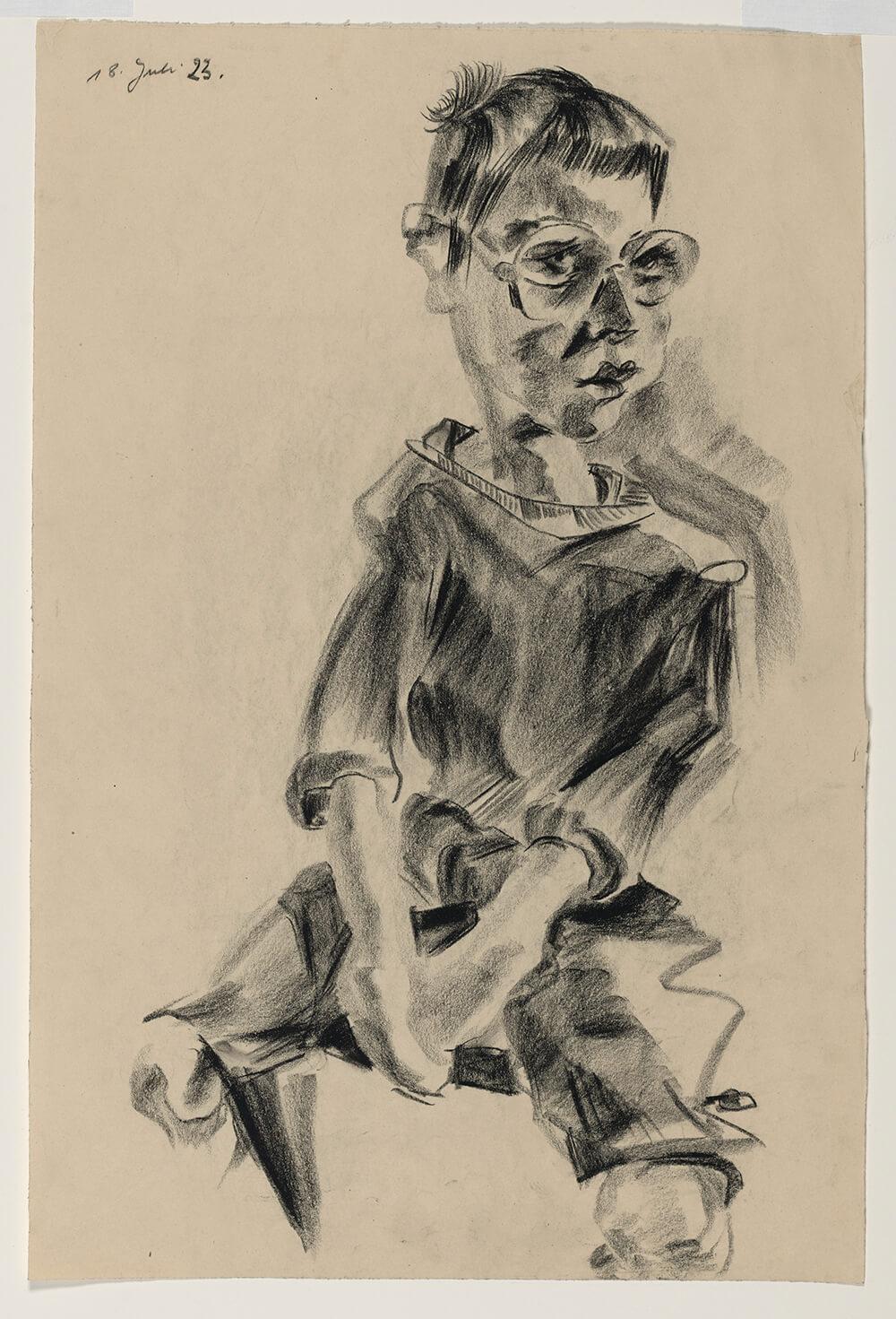 Charcoal drawing of a seated man in glasses