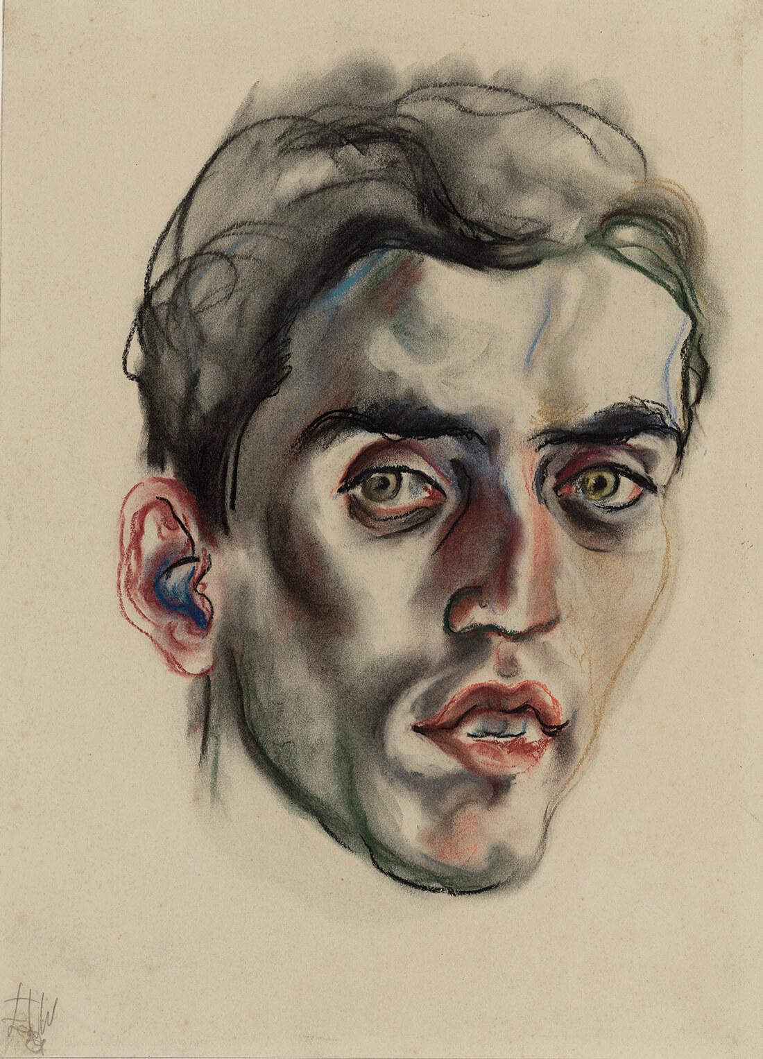 Pastel drawing portrait of the head of a dark haired and short haired man