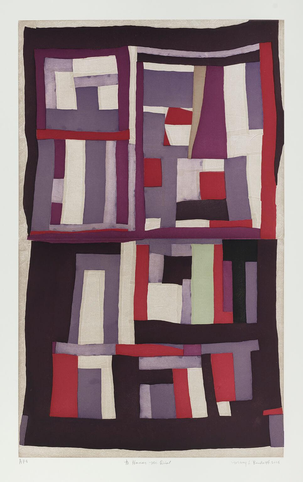 Vertical print of abstract rectangles in muted grays, reds and blacks