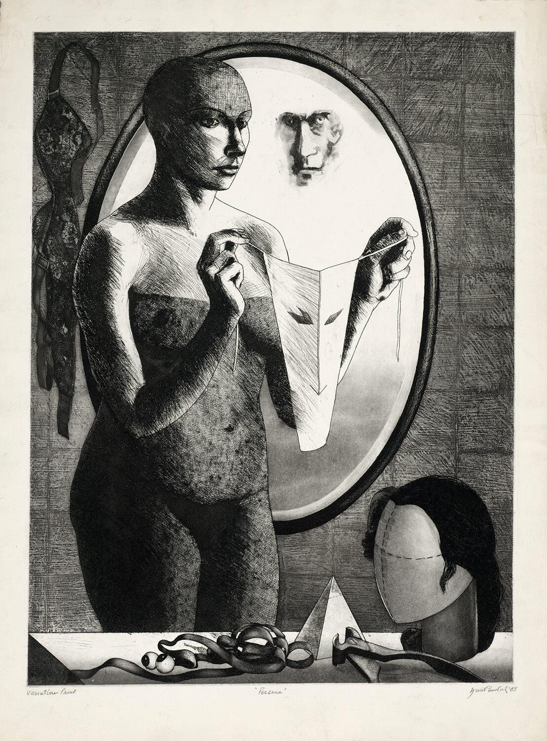 Black and white etching of a woman in front of an oval mirror holding up a triangular mask in front of a table with scraps, mannequin head with a wig. In mirror is a man's face