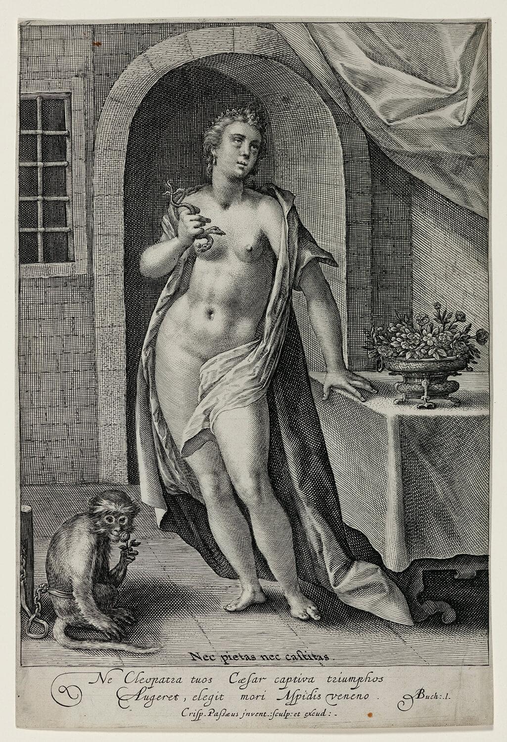 Old etching of a half naked woman draped in cloth standing in a room leaning on a table with s snake in her hands on a monkey on the floor to her left