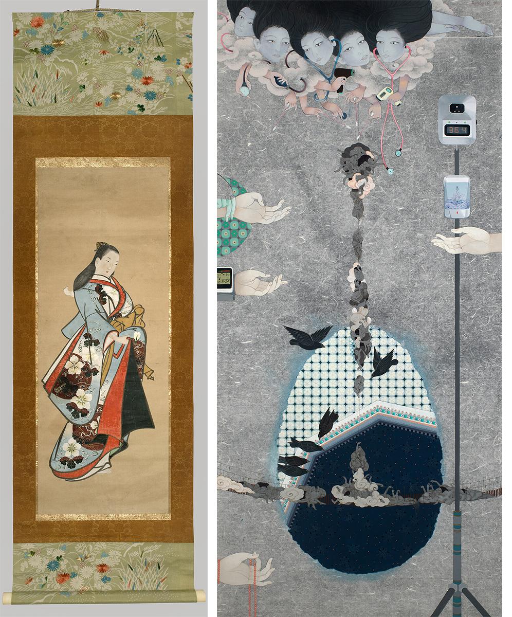 Two paintings side by side, scroll painting of a woman in Kimono and on right, abstract painting with tear drop shape and repetitive images of birds and faces of women