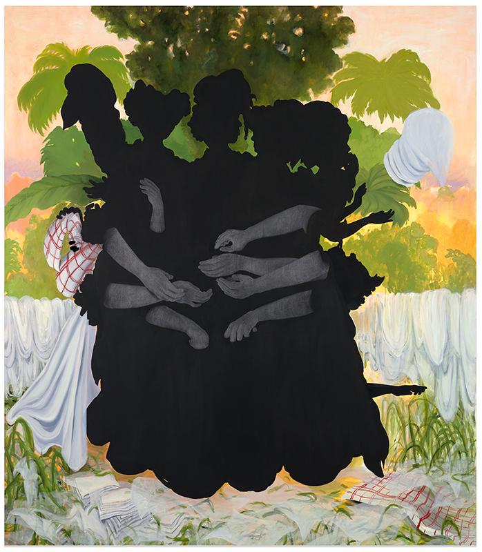 Painting of black silhoueted figures of women in long dresses grouped in middle of painting hugging  one another with greenery in background