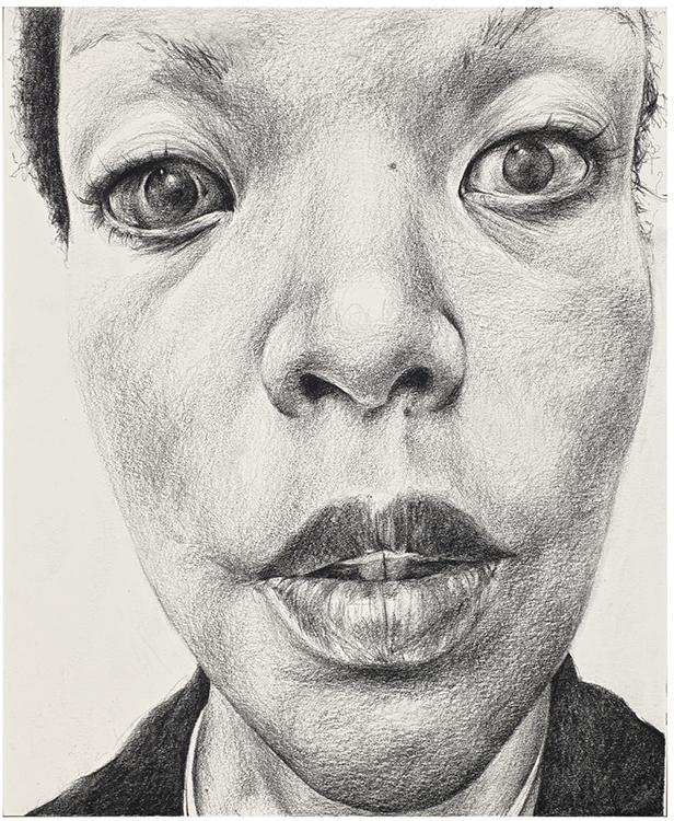 Graphite drawing of a close of of a person's face