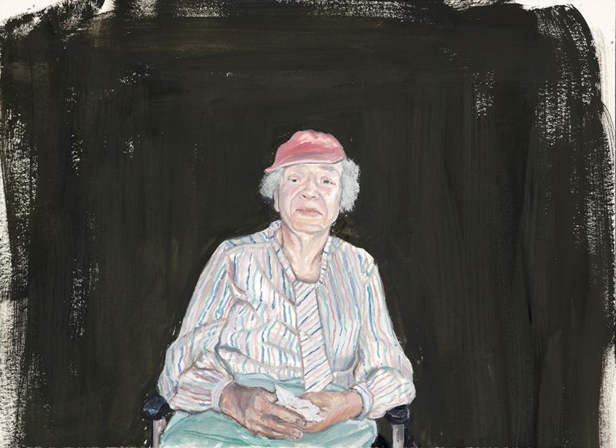 Painted portrait of an older person sitting in a chair with black painterly background