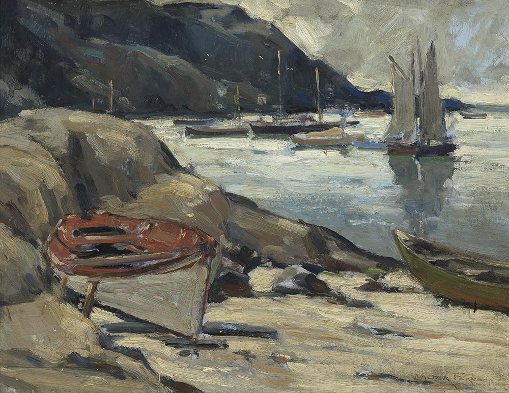 painting of the seashore with sailboats on the water and on the beach