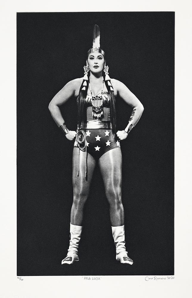 Photo of a woman in a Wonder Woman outfit standing facing viewer with hands on hips