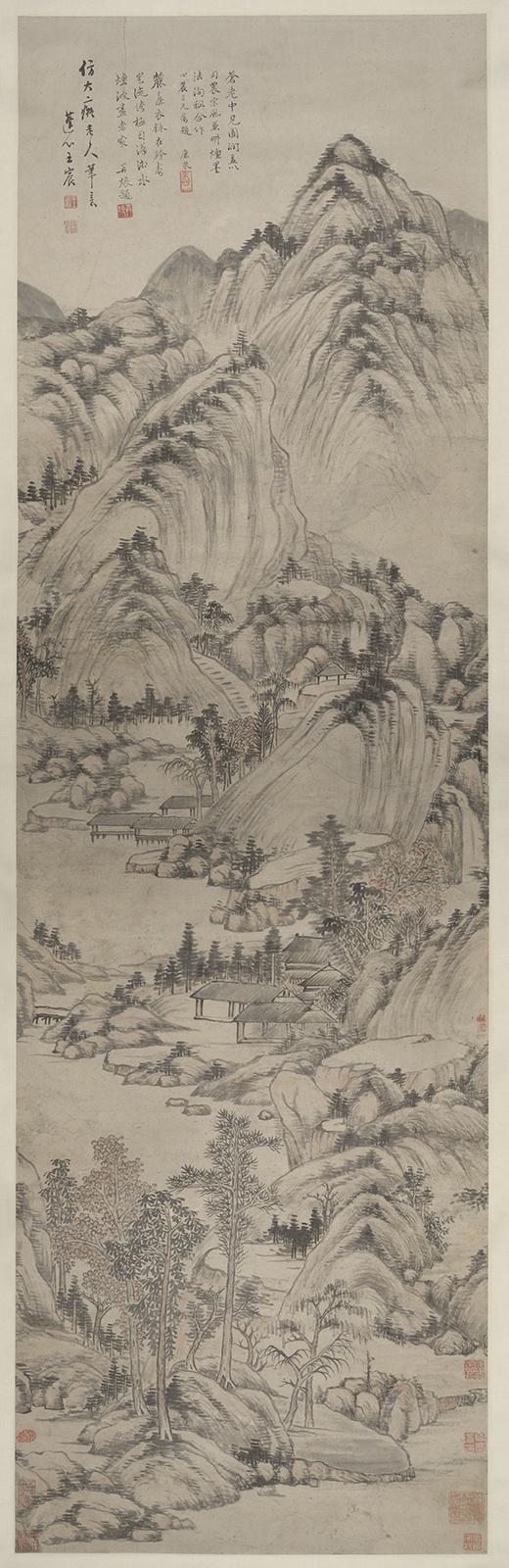 Hanging scroll of mountains and rivers and a few buildings