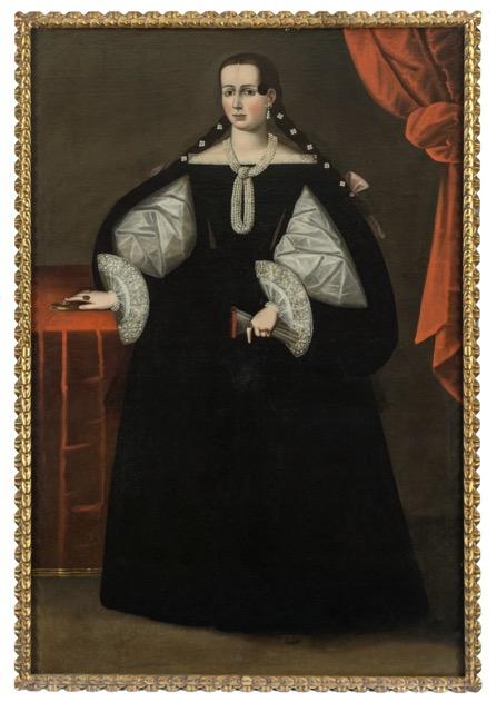 Painting of a person in a long black dress with long braided hair, pearl earrings, large pearl necklace, holding gloves in one hand