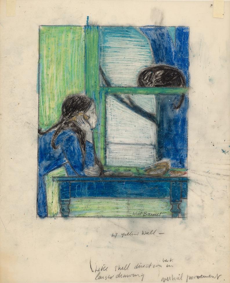 color sketch in blue and green with a young person leaning on a table with a cat on the window pane.