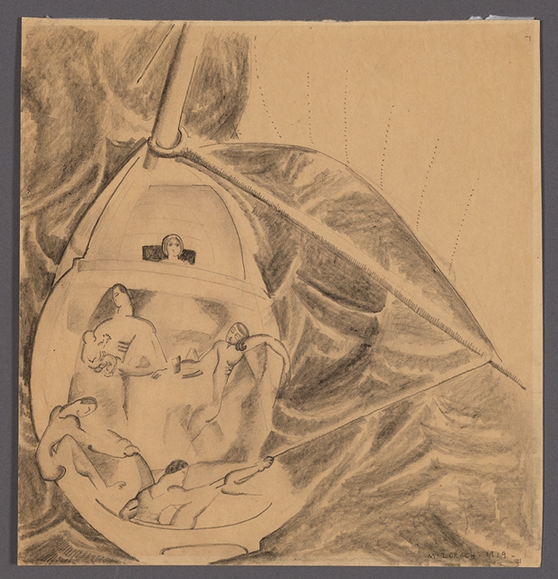 Rough pencil drawing of 5 people in a sailboat on water