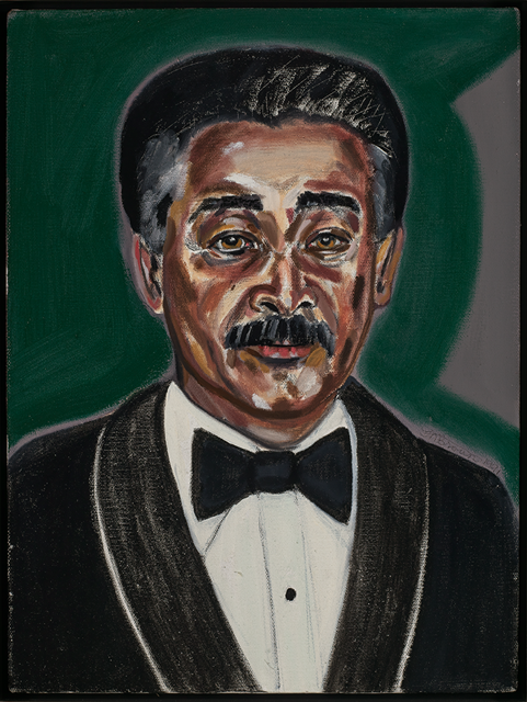 A portrait painting of a man with a dark mustache and black hair in a tuxedo