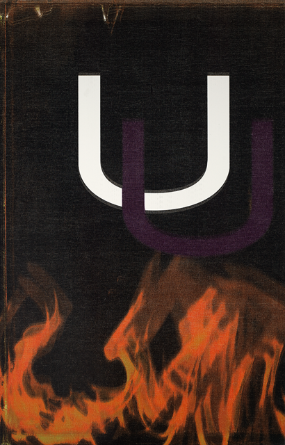 Dark image with flames coming from bottom and a white letter U and dark purple letter U centered near top