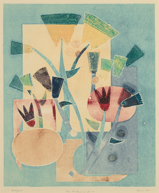 Abstract image of colorful flattened shape that look like flowers on a table