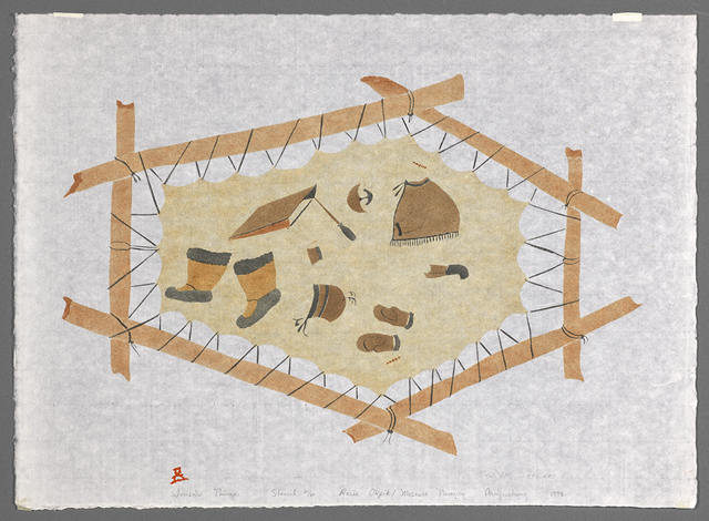 Six sided image with edges that look like wood sticks tied together holding taut a light colored shape reminsicent of a animal skin with boots, mittens, hat and other articles on it