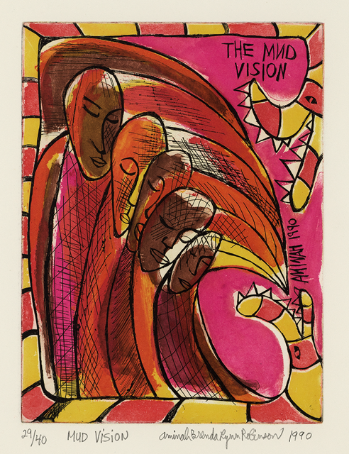 Image with five heads with abstract bodies in a row surrounded by striped cartoonish creature with a mouth on each end, in hot pink, orange, brown and yellow colors. Has the words The Mud Vision written in top right corner with signature on right and a date of 1990