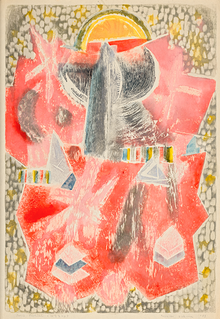 Image of red, light gray, dark gray and yellow geomteric shapes on larger red angular background with light gray and muted yellow spotted background behind that