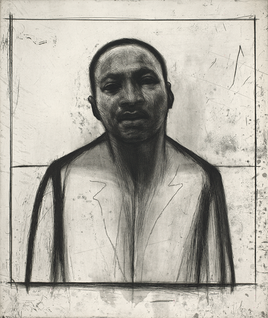 Balc and white drawing of Martin Luther King Junior with abstracted torso and a detailed drawing of his face