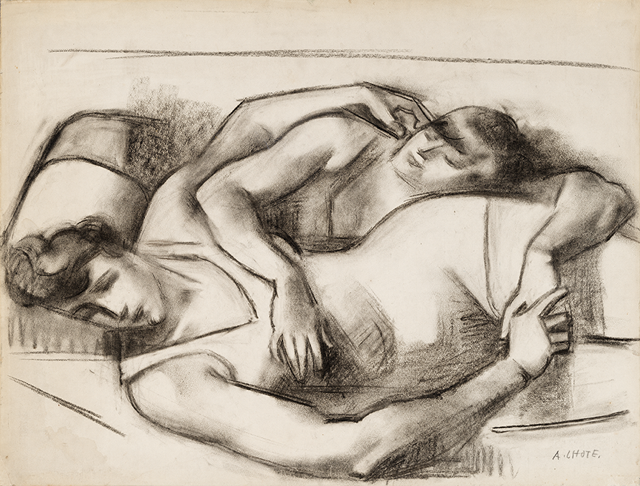Charcaol line drawing of two people reclining in opposite directions with arms around the other