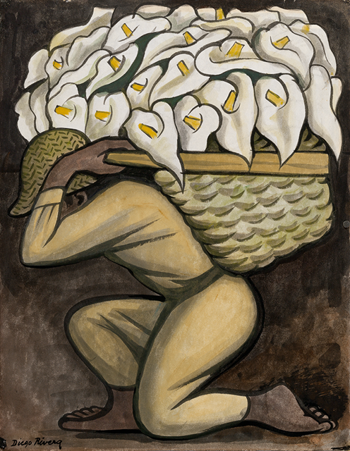 Drawing in browns and yellow of a person kneeling on one knee while holding a woven basked of white peace lilies on their back