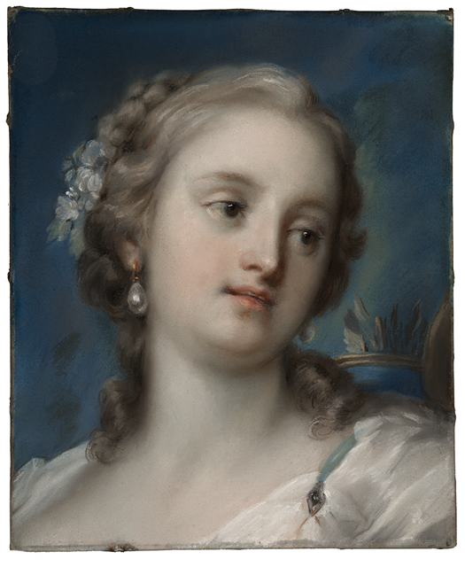Sodt pastel portrait drawing of a ypound person with light braided hair with a flower in it, wearing pearl earrings with a blue background