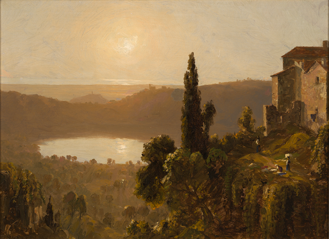 landscape painting in browns and yellows of a lake with hills in background and a house in right foreground with three figures nearby