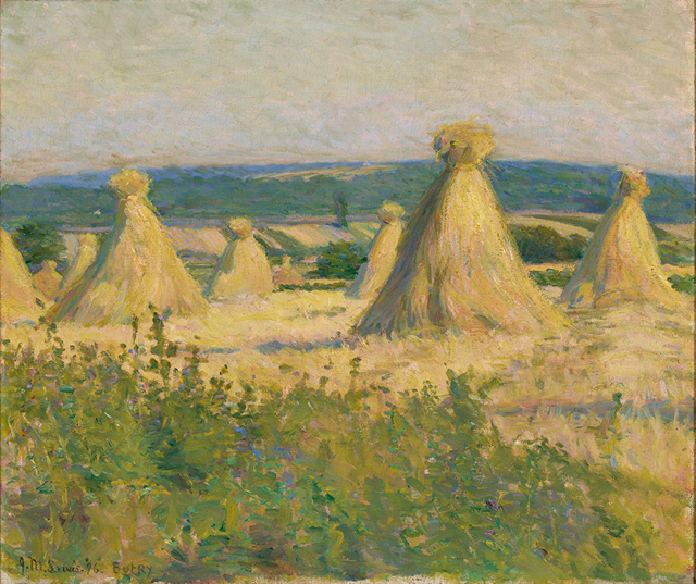 Painting in green, blues and yellows of 8 haystacks in a field with plants in foreground and green and blue hills in the distance