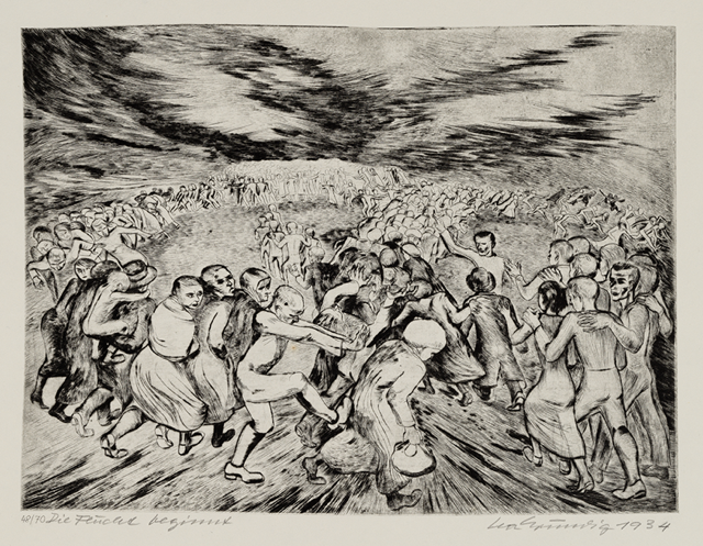 Black and white drawing of an mass exodus of people pushing, shoving and supporting one another in rows in thethe shape of a figure 8 with a stormy looking sky above