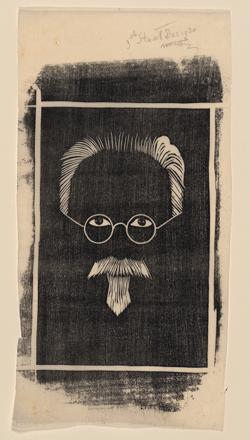 Woodcut in back ink on beige paper of a carved vertical rectangle with minimal marks for hair, glasses mustache and goatee of a man