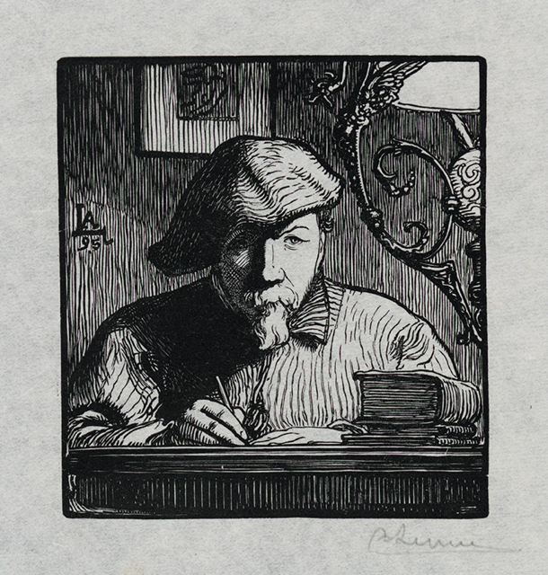 Black lines depict a man with a beret writing at a desk with a book and an ornate lamp on the desk, and framed artwork behind him on the wall